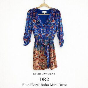 DR2 Blue Floral Boho Mini Dress Belted V-Neck Lined Size M